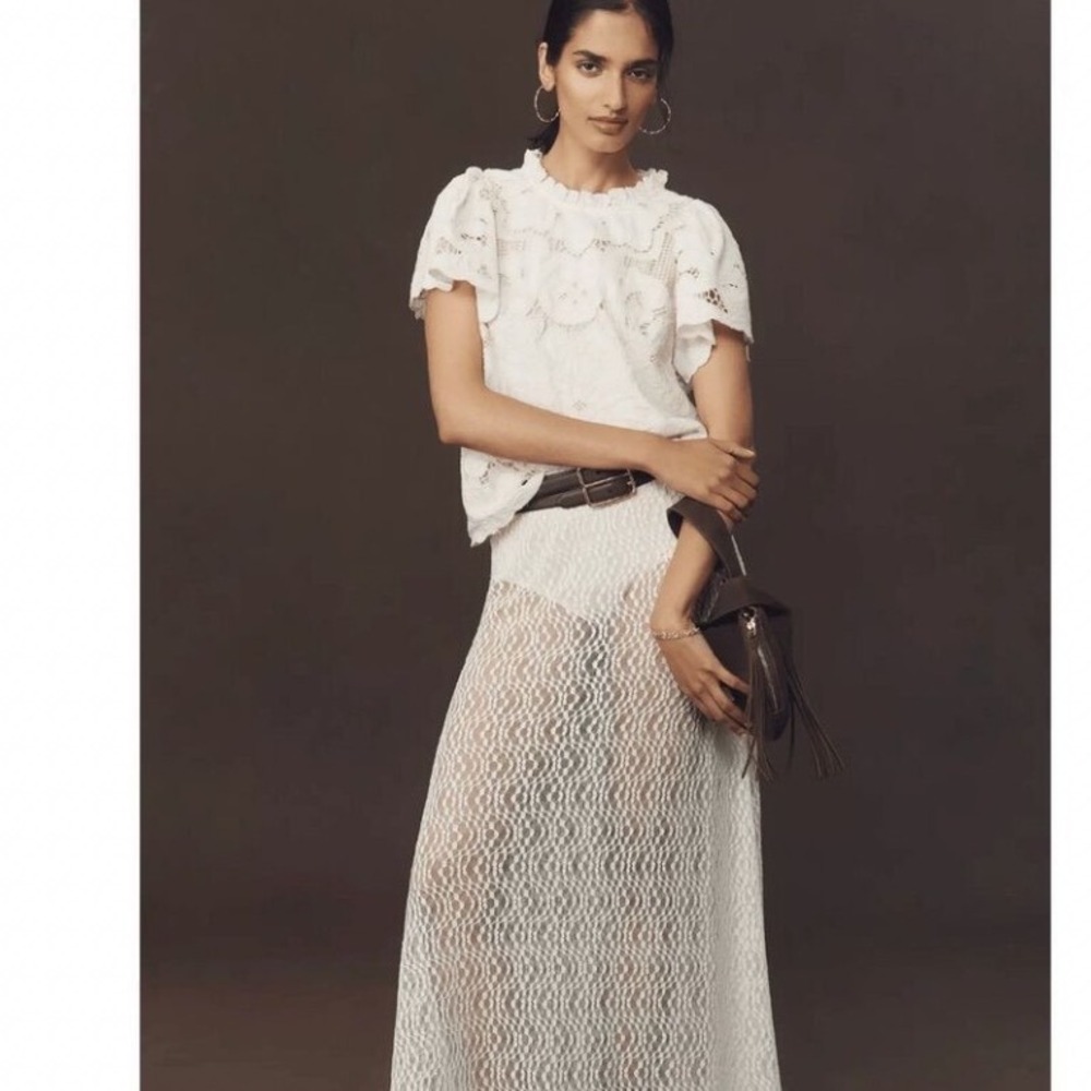 Anthropologie Lainie Blouse White Lace Cutwork Flutter‎ Sleeve Linen Top XL NWT - Picture 5 of 16